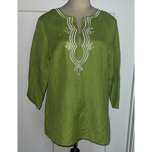 NEW "APPRAISAL" ~XL~linen Blend green tunic White Embellished
